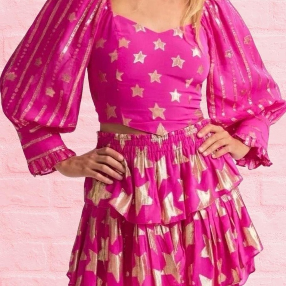 LoveShackFancy Hot Pink Metallic Gold Star Crop Top